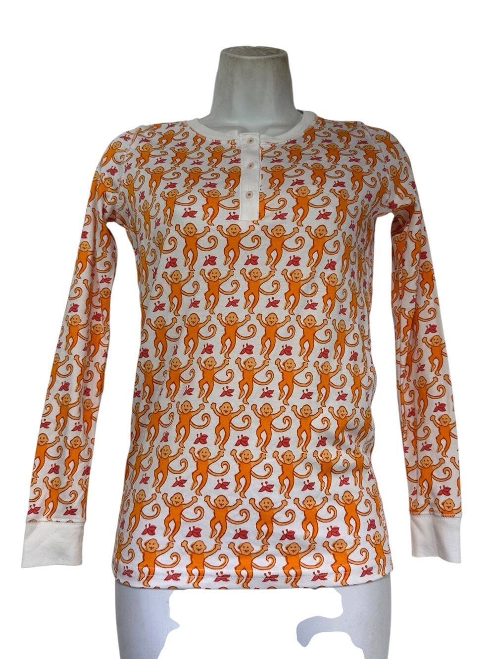 Roller Rabbit Orange Monkey Long Sleeve Pajama Henley Shirt Top youth size 14